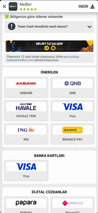 Melbet ödeme yöntemleri mobil ekran